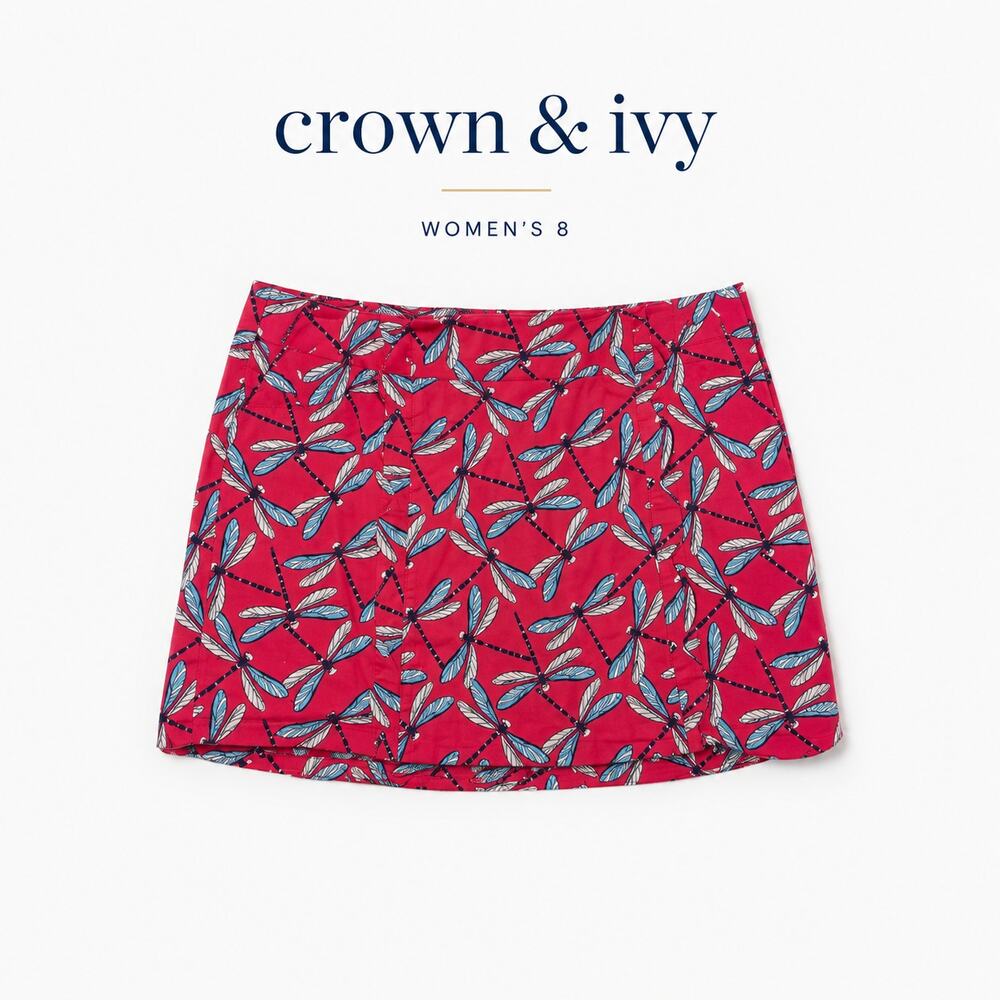Crown & Ivy Dragonfly Print Skort Red Blue Scalloped Golf Womens 8
